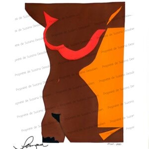 Dans cette composition audacieuse, les formes et les couleurs se rencontrent dans un dialogue plastique libéré. Rouge, brun et orange s'assemblent avec une évidence troublante, créant des volumes et des contrastes qui défient la logique habituelle. Cette technique du collage révèle ici toute sa poésie, transformant des fragments en une unité visuelle surprenante où chaque élément trouve sa place dans cette harmonie inattendue.