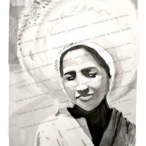 Encre de Chine Brésilienne au Soleil par Suzana Dessalien, portrait contrastes francs noirs blancs visage juvénile lumière, 42x30cm
