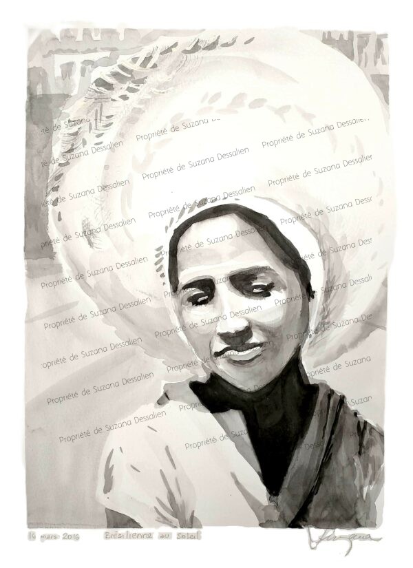 Encre de Chine Brésilienne au Soleil par Suzana Dessalien, portrait contrastes francs noirs blancs visage juvénile lumière, 42x30cm