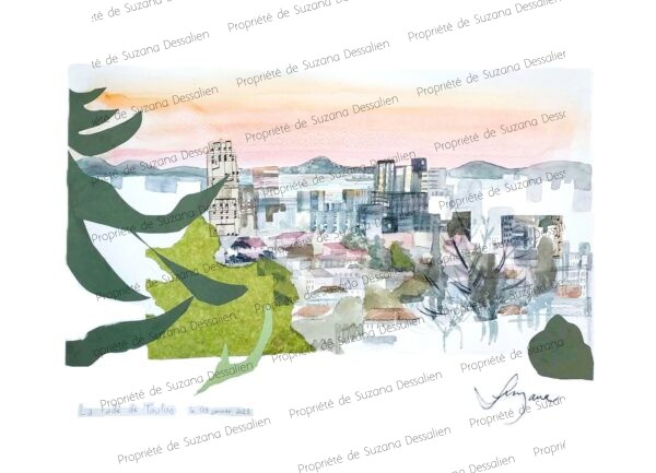 Technique mixte Toulon par Suzana Dessalien, beauté hivernale port méditerranéen lumière janvier façades eau provençale, 36x48cm