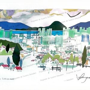 Technique mixte La Rade de Toulon par Suzana Dessalien, panorama printemps méditerranéen mer collines verdoyantes lumière, 36x48cm