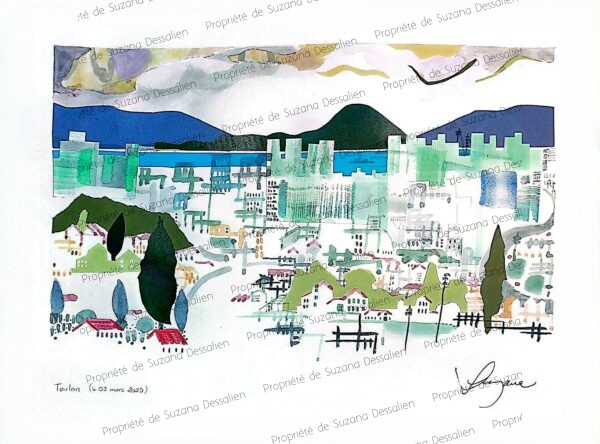 Technique mixte La Rade de Toulon par Suzana Dessalien, panorama printemps méditerranéen mer collines verdoyantes lumière, 36x48cm