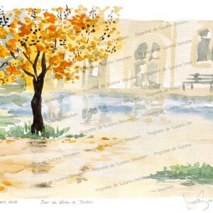 Aquarelle Jour de pluie à Toulon par Suzana Dessalien, atmosphère humide couleurs fondues vision tendre mélancolique, 30x40cm