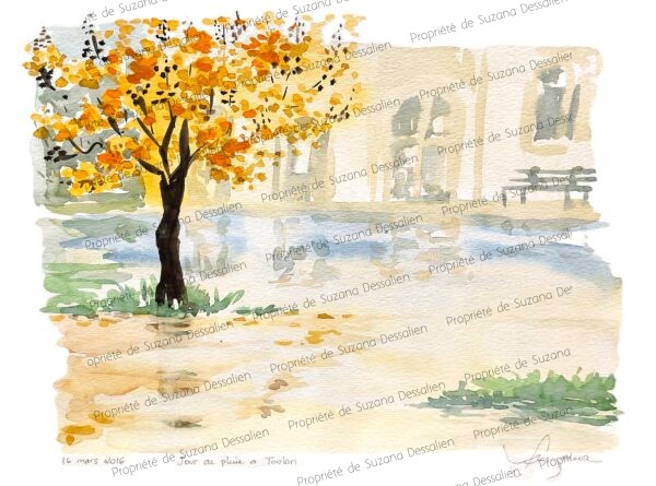 Aquarelle Jour de pluie à Toulon par Suzana Dessalien, atmosphère humide couleurs fondues vision tendre mélancolique, 30x40cm