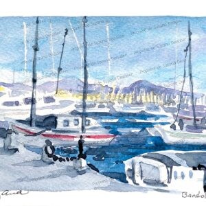 Aquarelle Bandol par Suzana Dessalien, port de plaisance marina mâts voiliers Côte d'Azur lumière méditerranéenne, 14x21cm
