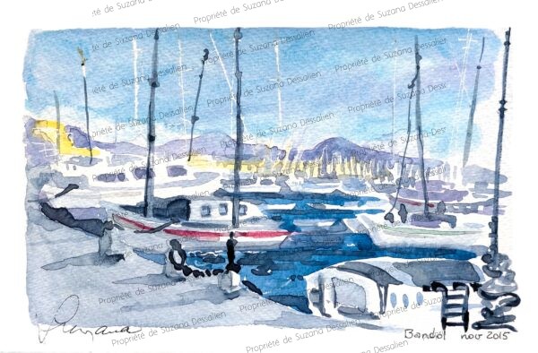 Aquarelle Bandol par Suzana Dessalien, port de plaisance marina mâts voiliers Côte d'Azur lumière méditerranéenne, 14x21cm
