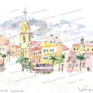 Aquarelle Sanary-sur-Mer par Suzana Dessalien, croquis sketchcrawl façades pastel port pointus colorés côte varoise, 24x30cm