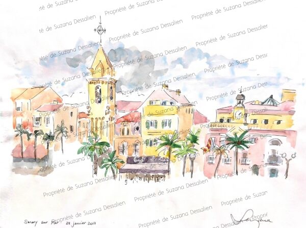 Aquarelle Sanary-sur-Mer par Suzana Dessalien, croquis sketchcrawl façades pastel port pointus colorés côte varoise, 24x30cm