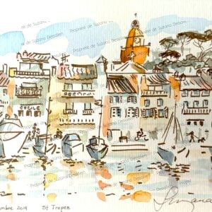 Croquis aquarellé Saint Tropez par Suzana Dessalien, beauté authentique façades colorées port mythique lumière dorée, 14x21cm