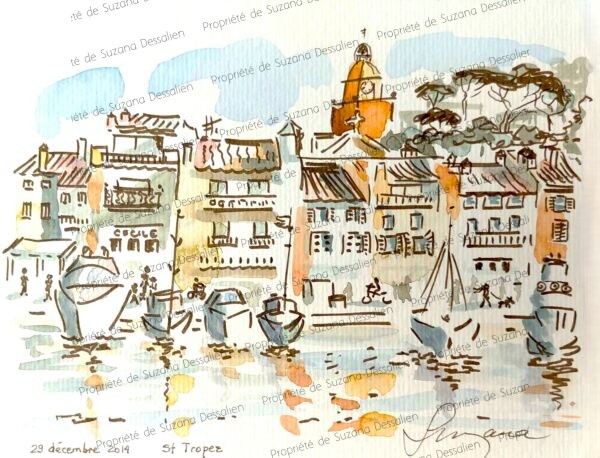 Croquis aquarellé Saint Tropez par Suzana Dessalien, beauté authentique façades colorées port mythique lumière dorée, 14x21cm