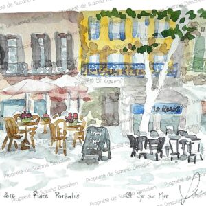 Croquis aquarellé St Cyr sur Mer par Suzana Dessalien, Place Portalis soleil provençal façades colorées terrasses platanes, 14x21cm