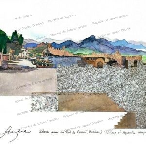 Technique mixte Rêverie autour du Port de Cassis par Suzana Dessalien, voyage imaginaire ticket musée inspiration Verdilhan, 30x40cm