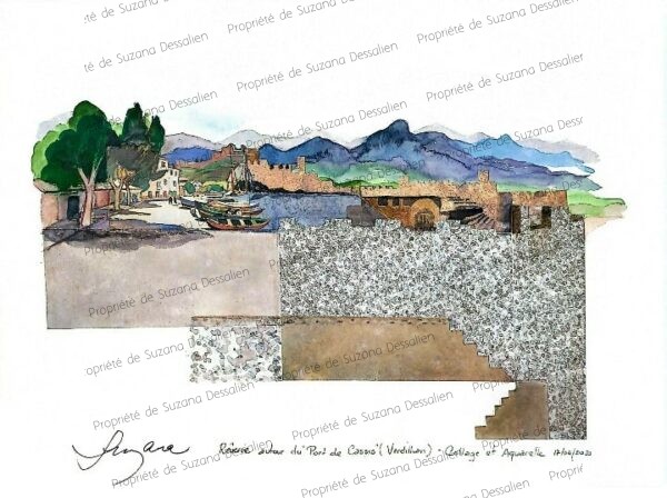 Technique mixte Rêverie autour du Port de Cassis par Suzana Dessalien, voyage imaginaire ticket musée inspiration Verdilhan, 30x40cm