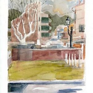 Aquarelle Ste Anne d'Evenos I par Suzana Dessalien, village provençal arrière-pays varois maisons pierre blonde, 40x30cm
