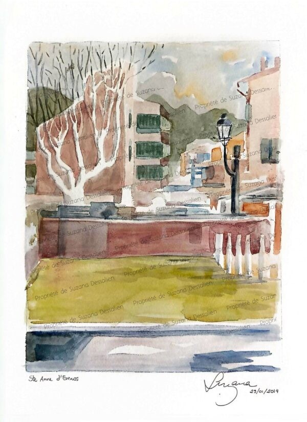 Aquarelle Ste Anne d'Evenos I par Suzana Dessalien, village provençal arrière-pays varois maisons pierre blonde, 40x30cm
