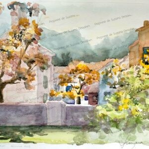Aquarelle Ste Anne d'Evenos II par Suzana Dessalien, seconde vision village provençal lumière chaude charme évenosien, 30x40cm