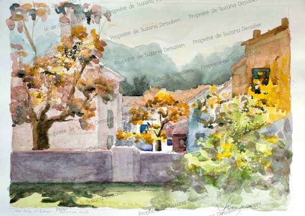 Aquarelle Ste Anne d'Evenos II par Suzana Dessalien, seconde vision village provençal lumière chaude charme évenosien, 30x40cm