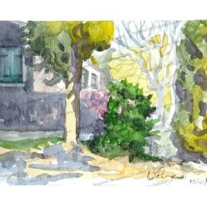 Aquarelle Sur la Route du Broussan par Suzana Dessalien, hameau provençal jardin ombre lumière végétation architecture, 15x20cm