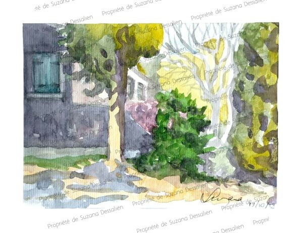 Aquarelle Sur la Route du Broussan par Suzana Dessalien, hameau provençal jardin ombre lumière végétation architecture, 15x20cm