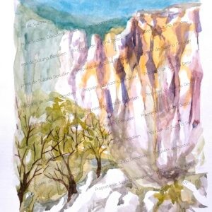 Aquarelle Châteauvert par Suzana Dessalien, falaises calcaires escalade rivière roche blonde végétation méditerranéenne, 30x24cm