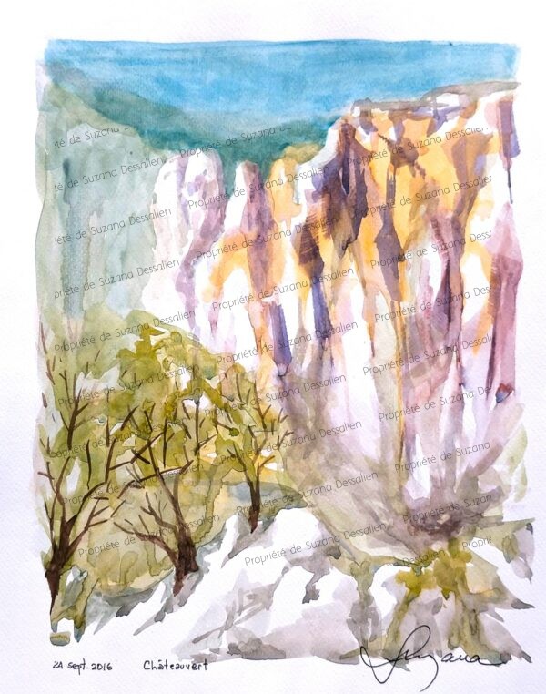 Aquarelle Châteauvert par Suzana Dessalien, falaises calcaires escalade rivière roche blonde végétation méditerranéenne, 30x24cm