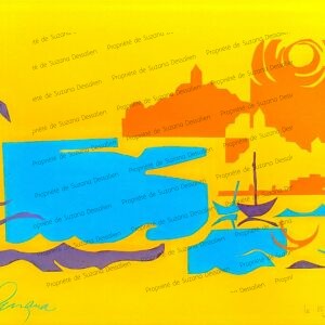 Collage Marseille par Suzana Dessalien, couleurs pures jaunes éclatants bleus intenses formes découpées cité phocéenne, 24x34cm