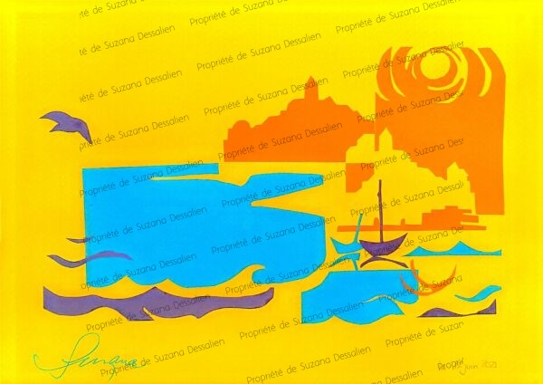 Collage Marseille par Suzana Dessalien, couleurs pures jaunes éclatants bleus intenses formes découpées cité phocéenne, 24x34cm