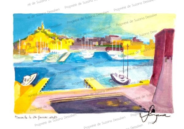 Peinture acrylique "Marseille I" par Suzana Dessalien, couleurs vives méditerranéennes, tons ocre et bleus, architecture provençale reflétée dans l'eau, 21x29,7 cm