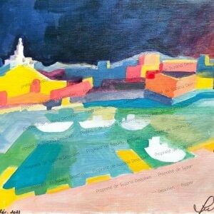 Acrylique Marseille II par Suzana Dessalien, Vieux-Port Bonne Mère couleurs tendres reflets nacrés façades rougeoyantes soleil méditerranéen, 21x29,7cm