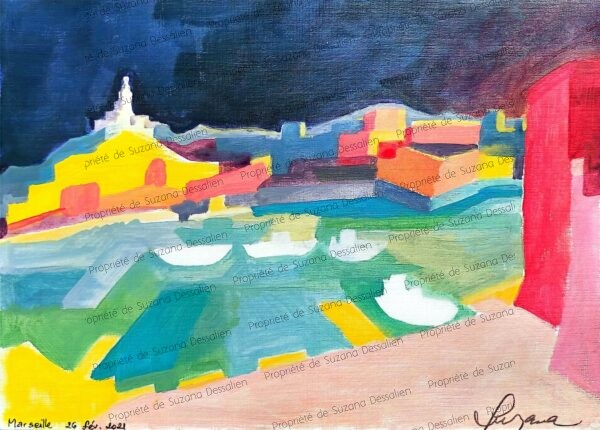 Acrylique Marseille II par Suzana Dessalien, Vieux-Port Bonne Mère couleurs tendres reflets nacrés façades rougeoyantes soleil méditerranéen, 21x29,7cm