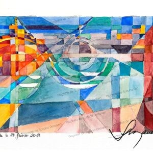 Aquarelle Marseille III par Suzana Dessalien, kaléidoscope géométrique lignes brisées Vieux-Port abstrait Bonne Mère silhouettes bateaux modernité, 21x29,7cm