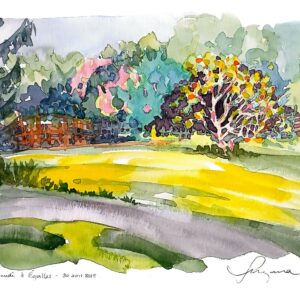 Aquarelle Après-midi à Eguilles par Suzana Dessalien, lumière dorée jardin ensoleillé jaunes éclatants verts tendres végétation méditerranéenne pays d'Aix, 30x40cm