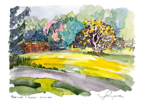 Aquarelle Après-midi à Eguilles par Suzana Dessalien, lumière dorée jardin ensoleillé jaunes éclatants verts tendres végétation méditerranéenne pays d'Aix, 30x40cm