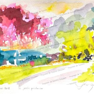 Le printemps explose en fanfare dans ce jardin d'Eguilles, où les roses fuchsia vibrent contre les jaunes solaires dans une danse chromatique enivrante. L'aquarelle libère toute la joie printanière en coulures spontanées, capturant l'instant magique où la nature s'éveille après l'hiver. Chaque tache de couleur raconte l'euphorie des premières fleurs, des bourgeons qui éclatent, de la sève qui monte dans un élan de vie pure. Cette explosion florale transforme le jardin provençal en un paradis impressionniste où règne la célébration de la renaissance.