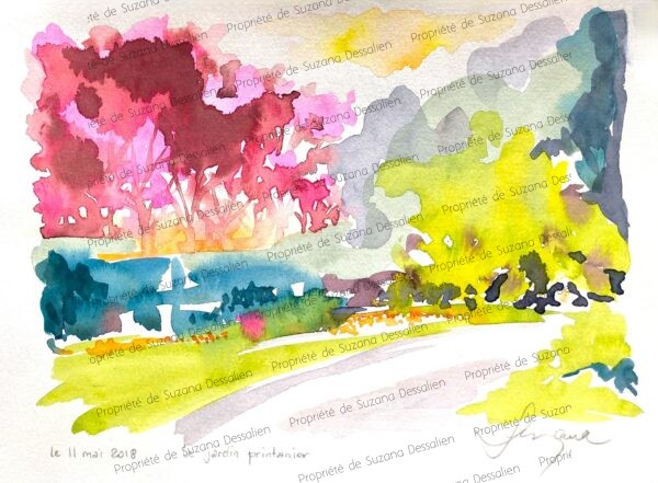 Le printemps explose en fanfare dans ce jardin d'Eguilles, où les roses fuchsia vibrent contre les jaunes solaires dans une danse chromatique enivrante. L'aquarelle libère toute la joie printanière en coulures spontanées, capturant l'instant magique où la nature s'éveille après l'hiver. Chaque tache de couleur raconte l'euphorie des premières fleurs, des bourgeons qui éclatent, de la sève qui monte dans un élan de vie pure. Cette explosion florale transforme le jardin provençal en un paradis impressionniste où règne la célébration de la renaissance.