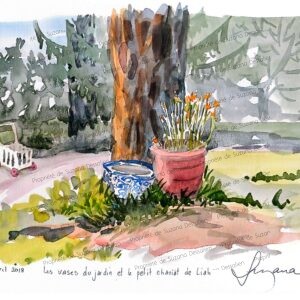 Aquarelle Les vases du jardin par Suzana Dessalien, jardin Eguilles vases colorés poteries patinées végétation luxuriante moment suspendu paradis provençal, 30x40cm
