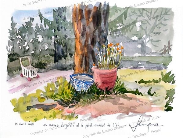 Aquarelle Les vases du jardin par Suzana Dessalien, jardin Eguilles vases colorés poteries patinées végétation luxuriante moment suspendu paradis provençal, 30x40cm