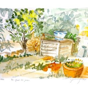 Aquarelle Au fond du jardin par Suzana Dessalien, refuge bucolique cœur secret jaunes tendres végétation luxuriante havre sérénité jardins secrets, 30x40cm
