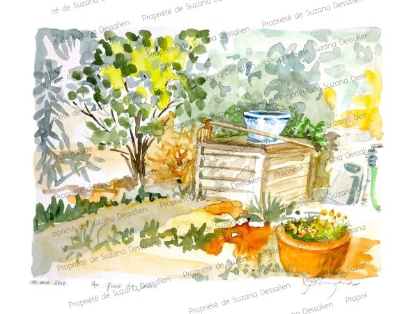 Aquarelle Au fond du jardin par Suzana Dessalien, refuge bucolique cœur secret jaunes tendres végétation luxuriante havre sérénité jardins secrets, 30x40cm