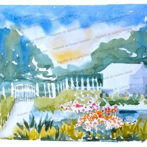 Aquarelle Jardin Imaginaire par Suzana Dessalien, clôture blanche cabanon paisible arbres généreux collines ondulantes symphonie bucolique création spontanée, 21x29,7cm