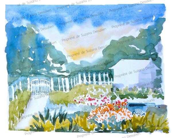 Aquarelle Jardin Imaginaire par Suzana Dessalien, clôture blanche cabanon paisible arbres généreux collines ondulantes symphonie bucolique création spontanée, 21x29,7cm