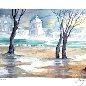 Aquarelle Paysage Humide par Suzana Dessalien, reflets argentés eau miroirs brisés atmosphère vaporeuse brume matinale mélancolie douce matins pluvieux, 30x40cm