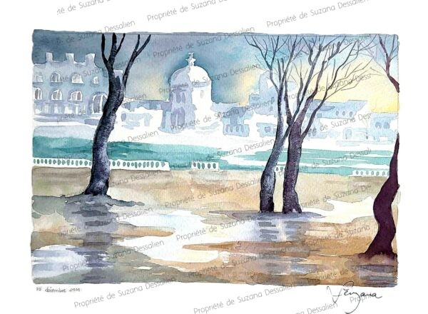 Aquarelle Paysage Humide par Suzana Dessalien, reflets argentés eau miroirs brisés atmosphère vaporeuse brume matinale mélancolie douce matins pluvieux, 30x40cm