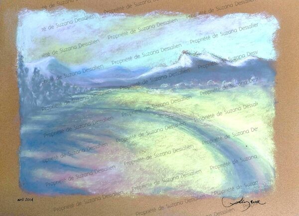 Pastel Paysage Ensoleillé par Suzana Dessalien, lumière dorée collines ondulantes ciel généreux nuances poudrées sérénité éternel printemps refuge lumineux, 30x40cm