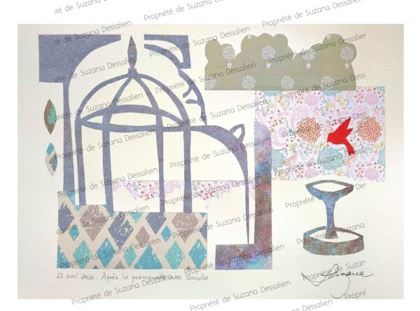 Collage artistique contemporain 30x40cm inspiré de Sorolla, mêlant fragments texturés et références picturales dans une composition originale de Suzana Dessalien