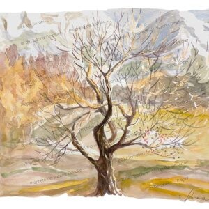Aquarelle originale paysage montagne 37x45cm, arbre solitaire aux branches nues contre massif rocheux, tons ocres et minéraux par Suzana Dessalien
