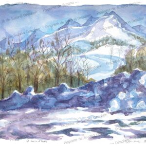 Saint-Sorlin-d'Arves - Lumière hivernale - Aquarelle originale 32x40 cm Contemplez la splendeur alpine depuis l'intimité d'un chalet savoyard. Cette création aquarelle exclusive immortalise Saint-Sorlin-d'Arves dans sa parure hivernale, où chaque flocon de neige dialogue avec les rayons dorés du soleil matinal. L'œuvre révèle la poésie silencieuse des Alpes de Savoie, transformant la réalité en vision onirique aux reflets cristallins. Une pièce unique qui transpose l'émotion pure d'un réveil en altitude, entre chaleur humaine et immensité glacée.