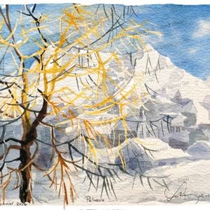 Le massif du Pelvoux révèle sa puissance tranquille dans cette création aquarelle exclusive où l'immensité rocheuse trouve son équilibre grâce à la tendresse végétale du premier plan. Cette œuvre unique traduit l'âme des Alpes françaises, orchestrant un dialogue subtil entre la rudesse minérale des hauteurs et la douceur organique de l'arbre témoin. Les tonalités cristallines épousent les nuances terreuses dans une danse chromatique qui célèbre l'harmonie montagnarde. Une pièce d'exception qui transpose sur papier l'émotion brute de ces sanctuaires d'altitude où l'infini prend forme.