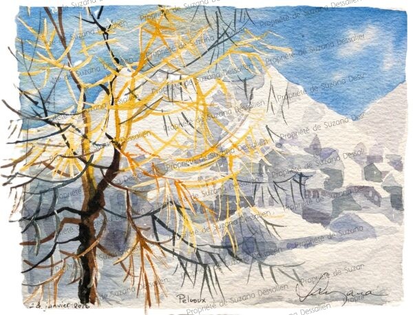 Le massif du Pelvoux révèle sa puissance tranquille dans cette création aquarelle exclusive où l'immensité rocheuse trouve son équilibre grâce à la tendresse végétale du premier plan. Cette œuvre unique traduit l'âme des Alpes françaises, orchestrant un dialogue subtil entre la rudesse minérale des hauteurs et la douceur organique de l'arbre témoin. Les tonalités cristallines épousent les nuances terreuses dans une danse chromatique qui célèbre l'harmonie montagnarde. Une pièce d'exception qui transpose sur papier l'émotion brute de ces sanctuaires d'altitude où l'infini prend forme.
