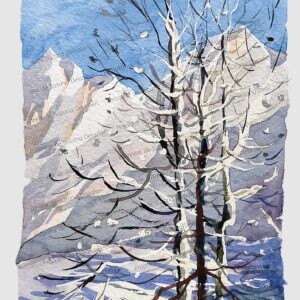 Contemplez le Pelvoux depuis la chaleur protectrice d'un refuge montagnard. Cette aquarelle exclusive immortalise l'instant magique où l'aube alpine transforme les sommets en théâtre de cristal et de lumière. L'œuvre unique révèle cette perspective intime du géant savoyard, encadrée par la dentelle givrée d'un arbre sentinelle. Chaque nuance traduit l'émotion pure de ces matins d'exception, où la tiédeur du cocon humain magnifie la grandeur glaciaire. Une création d'art qui capture l'essence même de la contemplation montagnarde, entre recueillement et éblouissement.